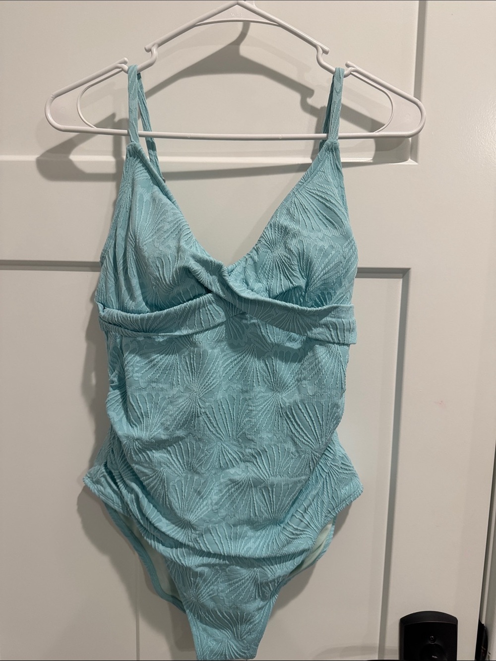 Light Aqua Textured One-Piece Swimsuit with V-Neck